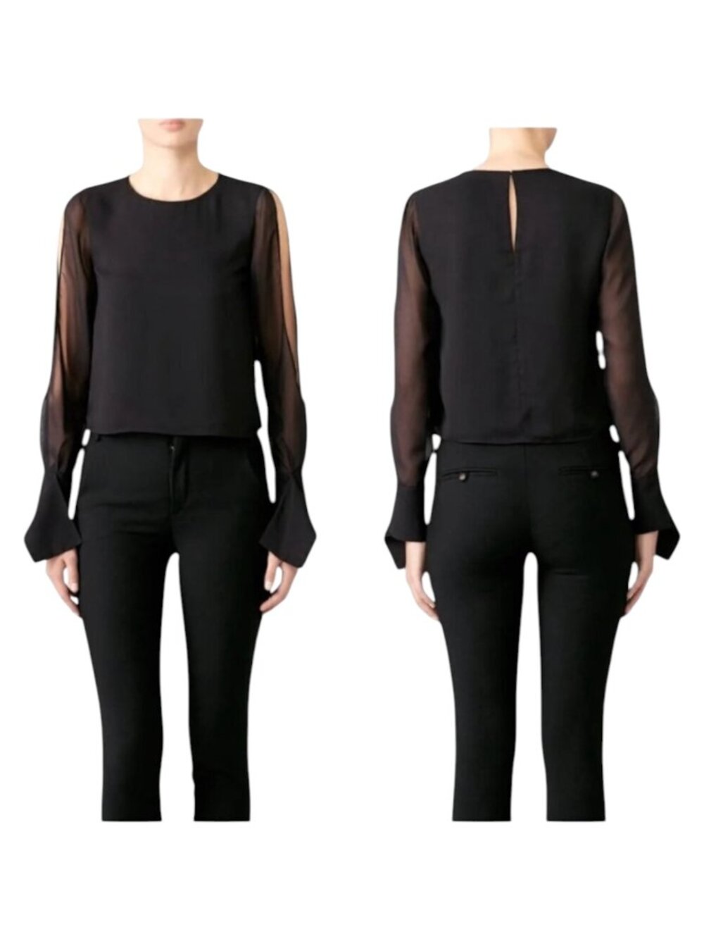 Ramy Brook Shirt Womens Extra Small Black Crepe Crew Neck Slit Sleeves Addy Top